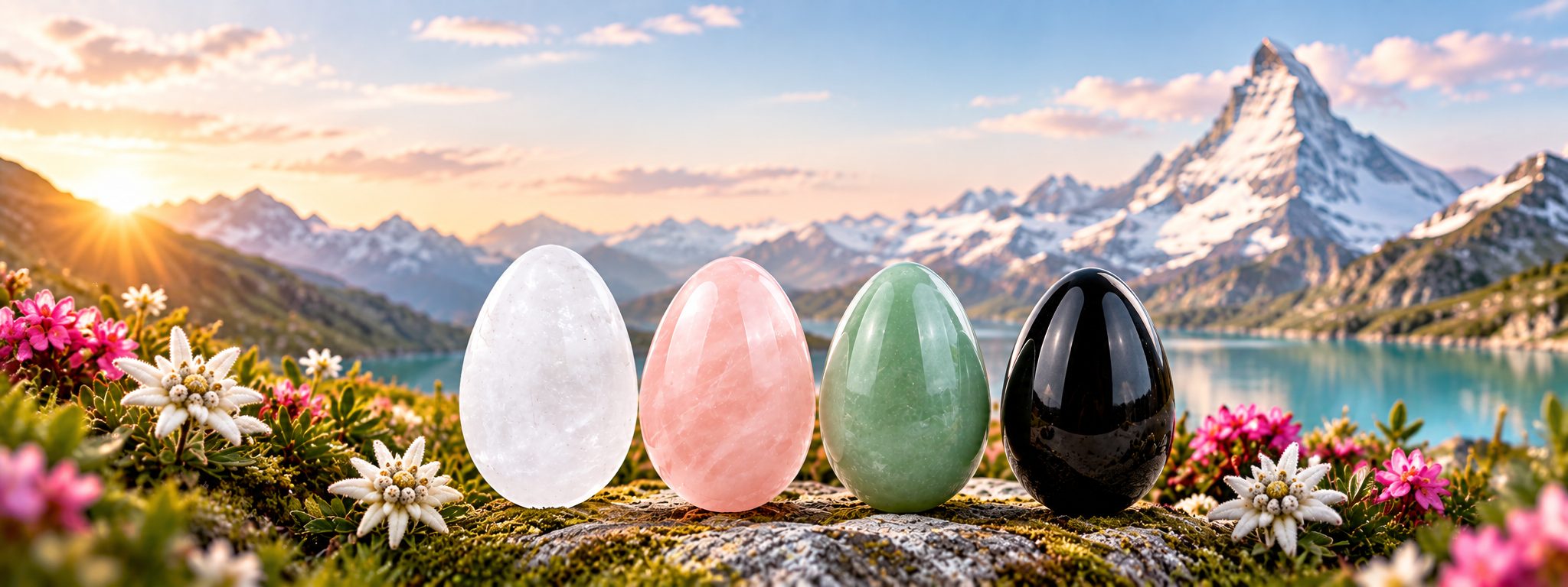 Vier Yoni-Eier aus Bergkristall, Rosenquarz, Aventurin und Obsidian vor Alpenpanorama
